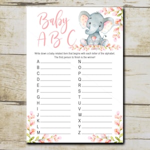 Elephant Baby Shower Game, Baby ABC&#39;s game, Pink elephant girl baby shower game, safari baby shower Printable Instant Download P292