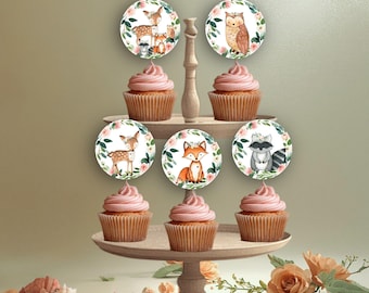 Woodland Baby Shower Cupcake toppers, Floral Girl Forest Animal labels Woodland shower decoration, Printable INSTANT DOWNLOAD P116