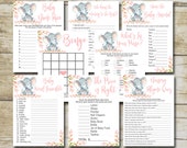 Elephant Baby Shower Games Package set, 8 Printable Girl pink elephant safari baby shower games party pack, printable Instant Download P292