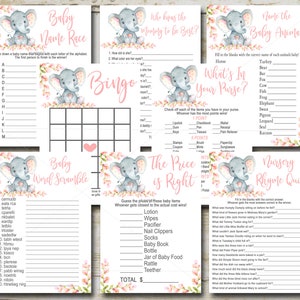 Elephant Baby Shower Games Package set, 8 Printable Girl pink elephant safari baby shower games party pack, imprimable Téléchargement instantané P292