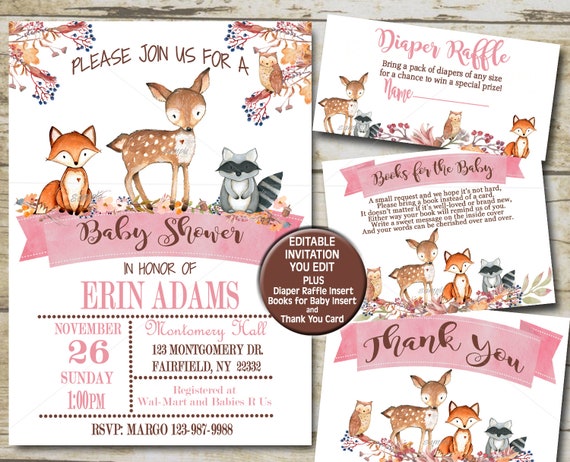 Woodland girl Baby Shower Invitation kit, Editable invite template pink Books for Baby Diaper Raffle & Thank You  set INSTANT DOWNLOAD P01