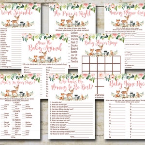 Woodland Baby Shower Girl Game Package, 8 Printable Games, Pink forest animals Baby Shower Game party pack, printable Instant Download P116