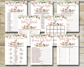 Wald-Baby-Dusche-Mädchen-Spiel-Paket, 8 druckbare Spiele, rosa Waldtiere Baby-Dusche-Spiel-Party-Pack, druckbarer Sofort Download P116