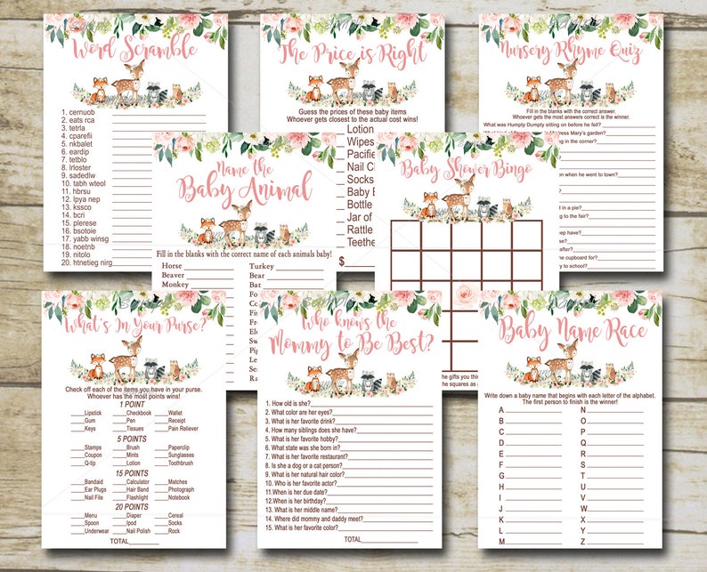 printable Instant Download P116 Pink forest animals Baby Shower Game party pack Woodland Baby Shower Girl Game Package 8 Printable Games