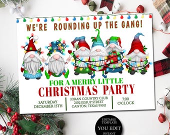Christmas Party Invitation, Gnomes Funny Holiday invitation Editable digital template, YOU EDIT, Printable Invitation, Instant Download 162