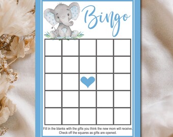 Bingospel jongen olifant babyshower, babyshower spel blauwe olifant jongen, bingokaart, safari babyshower, afdrukbare instant download, P19