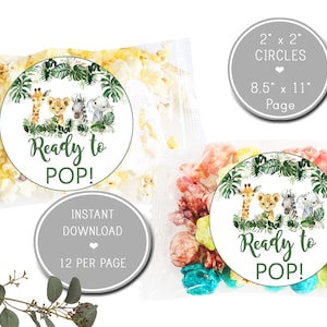 Safari Ready to Pop Baby Shower Labels, Jungle Greenery Baby Shower Tag, Safari Baby Popcorn Thank you Tag   INSTANT DOWNLOAD P155