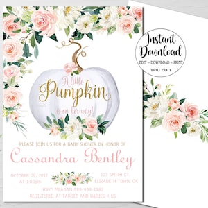Editable Pumpkin Baby Shower Invitation, Floral Pink and Gold Girl Little pumpkin baby shower invite, Fall Autumn instant download  P105