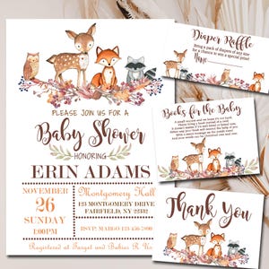 Woodland Baby Shower Invitation kit, Editable invite template Books for Baby, Diaper Raffle & Thank You package set INSTANT DOWNLOAD P01