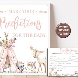 Meisje bos voorspellingen baby shower, dierlijke voorspellingen voor baby, baby voorspellingen teken & kaart, voorspellingen spel afdrukbare INSTANT P72