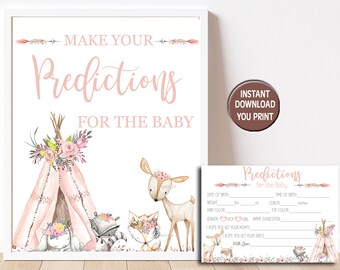 Girl Woodland Predictions Baby Shower, Animal Predictions for Baby, Baby Predictions Sign & Card, Predictions Game PRINTABLE INSTANT  P72