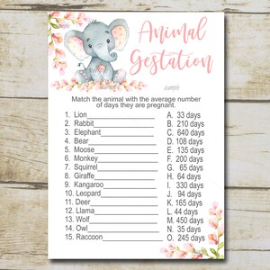 Girl Elephant Baby Shower Game, Animal Gestation Game,  Floral Pink elephant Animal Pregnancy Game quiz, Printable Instant Download P292