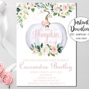 Editable Invitation, Pumpkin Baby Shower, Girl Little pumpkin Fall Autumn Boho Pink Floral Editable Template instant download Printable P105