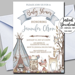Editable Woodland Boy Baby Shower Invitation, Editable invitation, Boho Blue Teepee Printable invite forest animals Woodland Animal P107