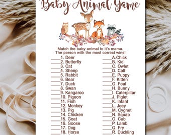 Woodland Baby Shower Game, Baby Animal Game, Woodland Forest animals game quiz, name the animals, Printable Instant Download P01