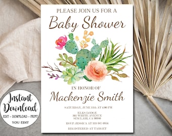 Op de afbeelding: Een witte babyborrel uitnodiging met een cactus en succulenten bloemenontwerp. De tekst luidt "U bent van harte welkom op een babyborrel ter ere van Mackenzie Smith, zaterdag 11 juni om 13:00 uur, Elks Lodge, 305 White Avenue, Sinclair, CA 90980, RSVP: Jessica op 333-987-0966, Geregistreerd bij Target."