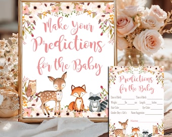 Girl Woodland Baby Shower, Predictions for Baby, Baby Predictions Sign & Card, Baby Predictions Shower Game PRINTABLE INSTANT DOWNLOAD P01A