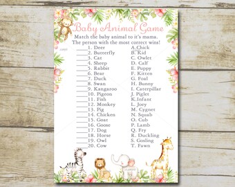 May include: A printable baby animal game with pink and green floral accents. The game features a list of animals and their babies, with a matching activity for guests to play.