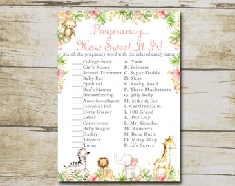 May include: A printable baby shower game with a jungle theme. The game asks players to match pregnancy words with the related candy name. The game features a pink and green color scheme with illustrations of a monkey, zebra, giraffe, and elephant.