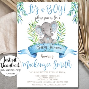 Safari Elephant Baby Shower Invitation Editable, It&#39;s a Boy Baby Shower, Blue Baby elephant invitation, Editable invite INSTANT DOWNLOAD P19