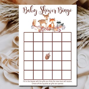 Woodland baby shower bingo game, Girl Woodland Baby shower Game, Bingo cards, Woodland animals, Printable Instant download, P01