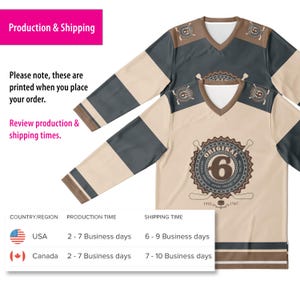 May include: A beige and brown hockey jersey with a black and white logo that says "ORIGINAL 6" with the years 1942 and 1967. The jersey has a V-neck and long sleeves.