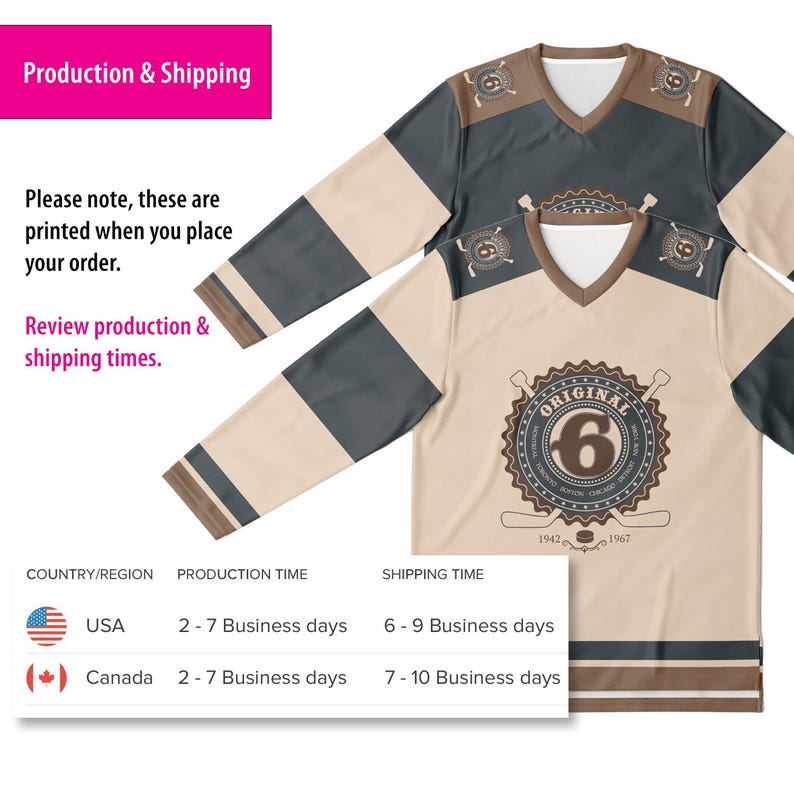 May include: A beige and brown hockey jersey with a black and white logo that says "ORIGINAL 6" with the years 1942 and 1967. The jersey has a V-neck and long sleeves.