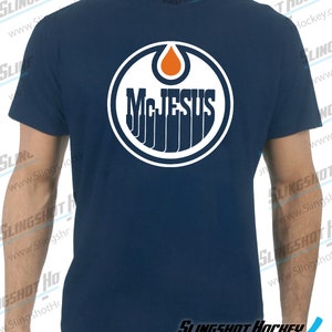 McJesus Hockey Navy T-Shirt Funny Hockey Shirt by Slingshot Hockey