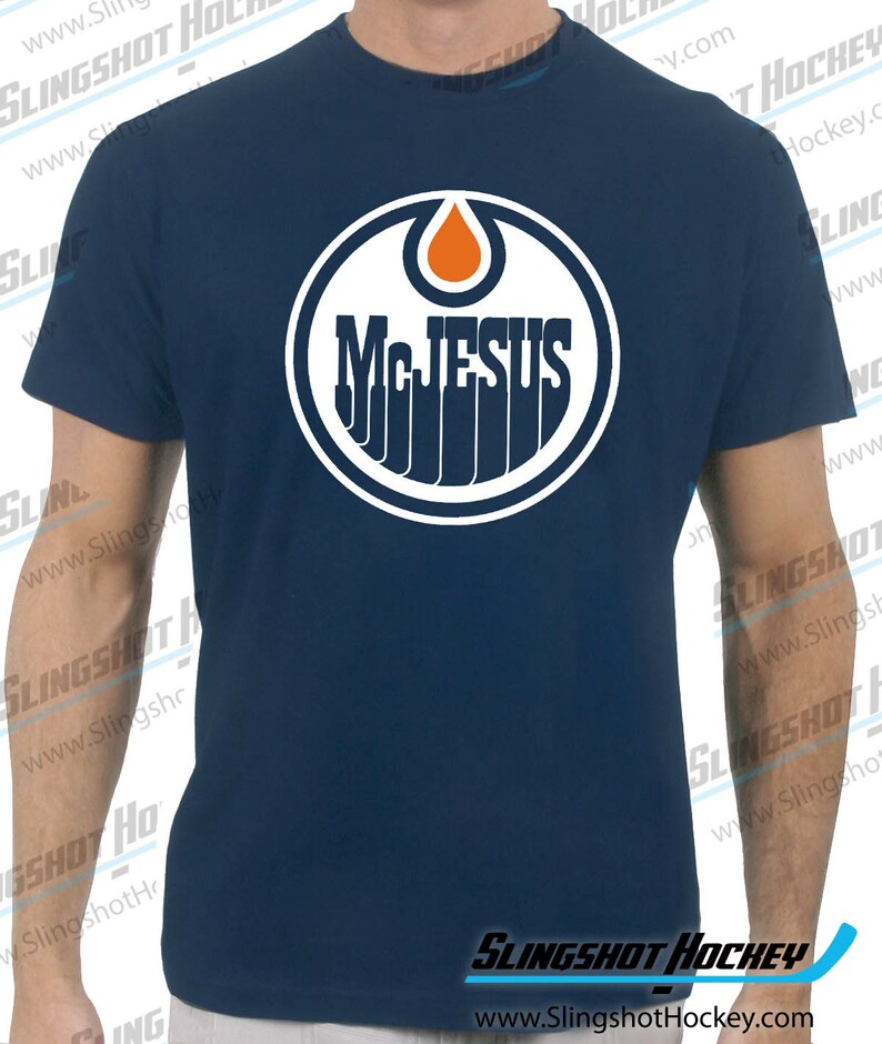 McJesus Hockey Navy T-Shirt Funny Hockey Shirt by Slingshot Hockey