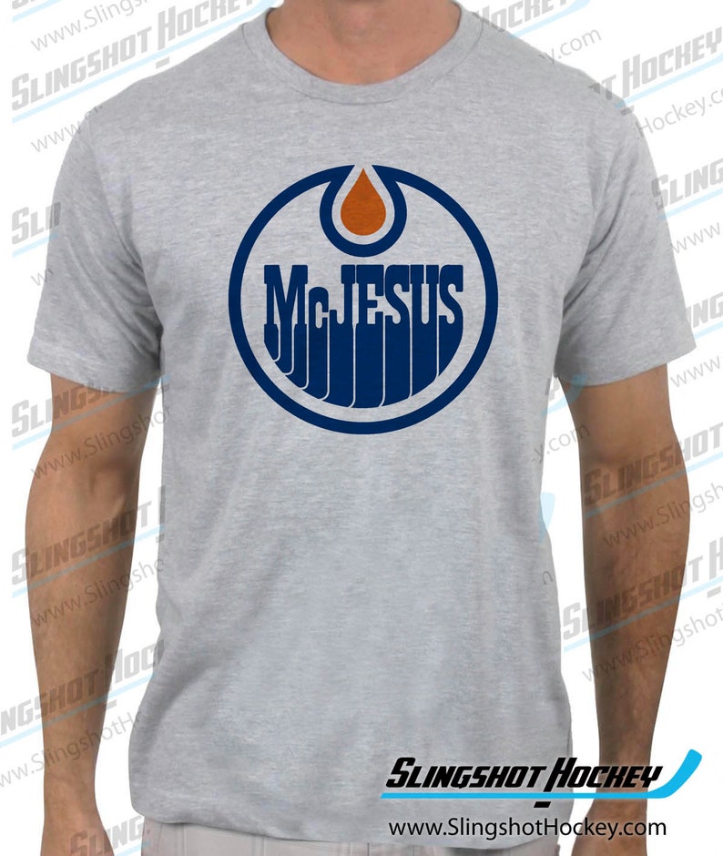 McJesus Hockey Heather Grey T-Shirt Funny Hockey Shirt by Slingshot Hockey