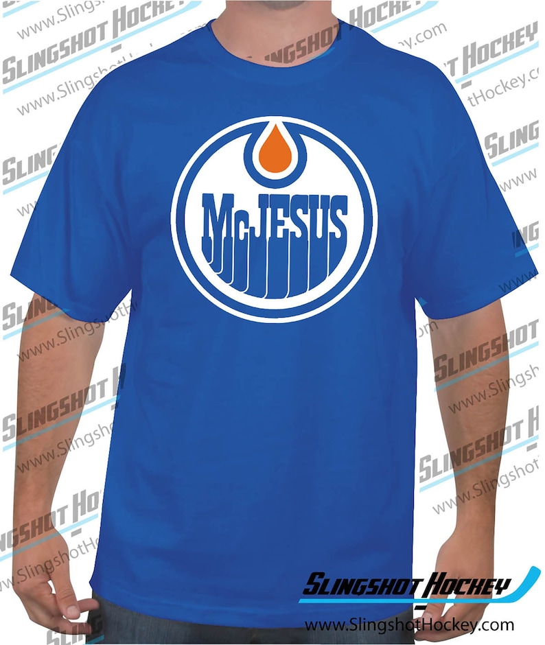 McJesus Hockey Royal Blue T-Shirt Funny Hockey Shirt by Slingshot Hockey