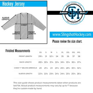 May include: Hockey jersey size chart with measurements in inches for chest, sleeve length, back length, and front length. Sizes range from XS to 4XL.
