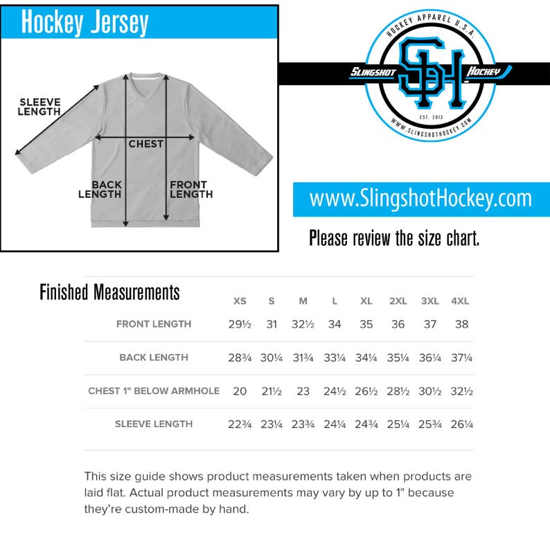 May include: Hockey jersey size chart with measurements in inches for chest, sleeve length, back length, and front length. Sizes range from XS to 4XL.