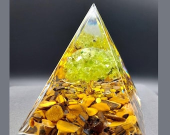 Orgonite pyramid in resin tree of life in natural stones Tiger&#39;s Eye and Peridot, gold leaf, copper and resin.