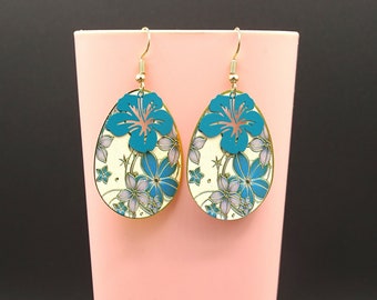 Boucles d'oreilles pendantes estampe ovale fleur bleue