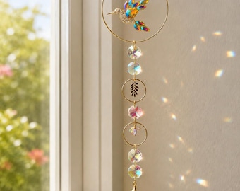 Atrapasueños de colibrí de cristal | Atrapasueños de pájaros | Decoración de ventana Feng Shui | Regalo para mujeres | Colgante de cristal