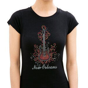 New Orleans Hard rock guitar Jazz rhinestone stud woman t shirts bling tshirts girl top lady shirts
