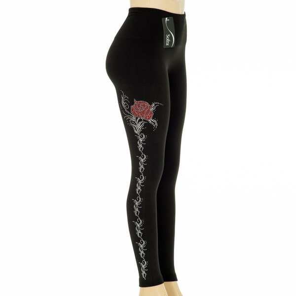 Rhinestone  long caudex rose design embellished for both side leg bling exotic sparkling inside linning High waist leggings gift