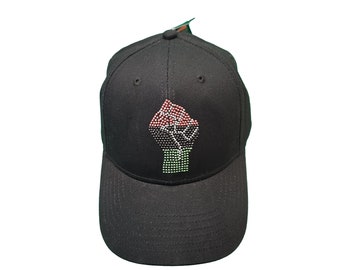 Juneteenth Rhinestone green black red black pride FIST 100% cotton adjustable baseball cap hat gift for friend gift for mom