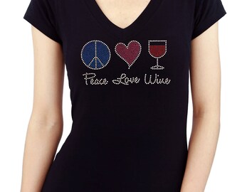 Frieden Liebe Wein Strass Ohrstecker Bling nette Frau Mädchen Dame T-Shirt Spitze t-shirt