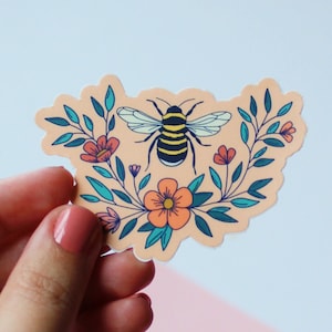 Sticker abeille et fleurs, Sticker rose pêche, Sticker vinyle bouteille d'eau, Sticker imperméable, Sticker pour ordinateur portable, Sticker amoureux de la nature, bourdon image 1