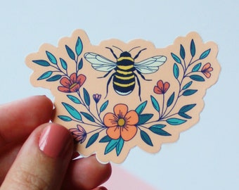 Bee en Florals sticker, Peachy roze sticker, vinyl waterfles sticker, waterdichte sticker, laptop sticker, natuurliefhebber sticker, Bumble Bee