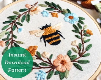 Bee Hand Embroidery Pattern, Digital Download Embroidery, Bumble Bee Embroidery Pattern, Self Gift, Beginner Friendly Needlepoint