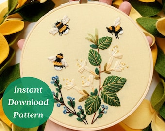 Honeysuckle and Bees Embroidery Pattern, Hand Embroidery Patterns, Spring Hand Embroidery, Easter Embroidery Designs, DIY Embroidery Pattern