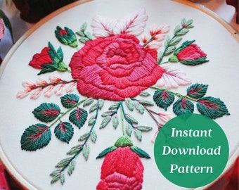 Red Rose Embroidery Pattern, Botanical Embroidery Pattern, Valentine Embroidery, Maggie Jos Studio, Garden Rose Embroidery File