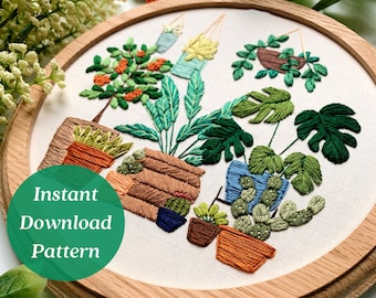 House Plant Embroidery, Pattern Download Embroidery, Orange Tree, Monstera Embroidery, Potted Plants Pattern, Botanical Embroidery,Maggie Jo