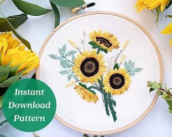 Sunflower Hand Embroidery Pattern, Instant Download PDF, Botanical Embroidery Pattern, Crafts for Adults, Fall Decor, Boho Living Room, Art