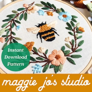 Bee Hand Embroidery Pattern, Digital Download Embroidery, Bumble Bee Embroidery Pattern, Self Gift, Beginner Friendly Needlepoint