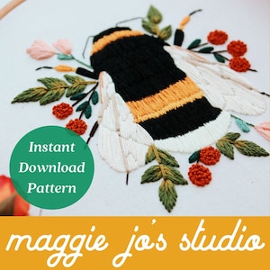 Bumble Bee Embroidery Pattern, Digital Download Embroidery, Spring Craft Embroidery, Summer Ideas, Bee Embroidery Designs, Hand Embroidery,