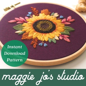 Autumn Sunflower Embroidery, Digital Download Pattern, Botanical Embroidery, Fall Pattern Design, Wildflower Embroidery Pattern, Maggie Jo